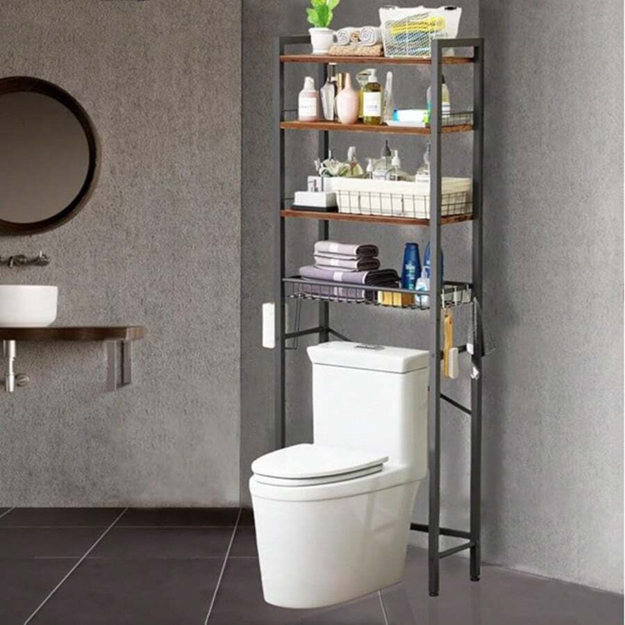 4-Tier Over Toilet Bathroom Organizer Shelf Adjustable Bathroom Shelf Over Toilet With Paper Holder And 4 Hooks, Brown - màu đen - Xem 1