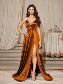 V-Neck Wrap Style Camisole Satin Split Hem Cocktail Party Dress - Brown - View 3