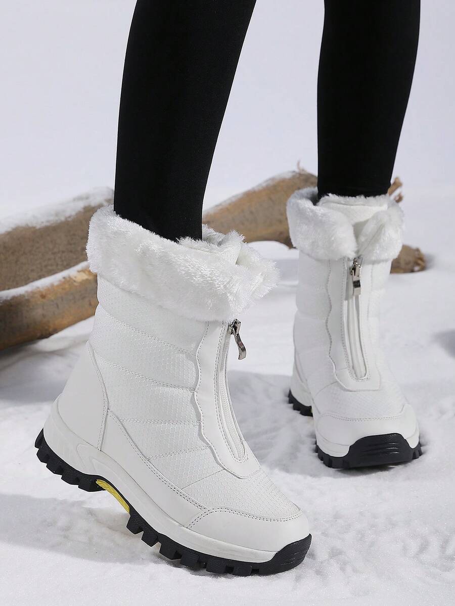 女士冬季高帮多功能前拉链保暖加厚雪地靴，女士户外防滑徒步靴，毛绒靴