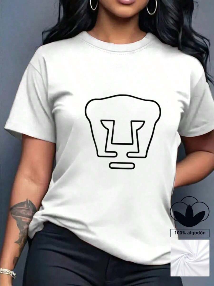 Camiseta casual de mujer, 100% algodón con estampado gráfico moderno, camiseta de manga corta con cuello redondo casual y cómoda, ropa de primavera y verano, adecuada para cualquier ocasión, color sólido, casual, uso diario. - Blanco - Ver 1