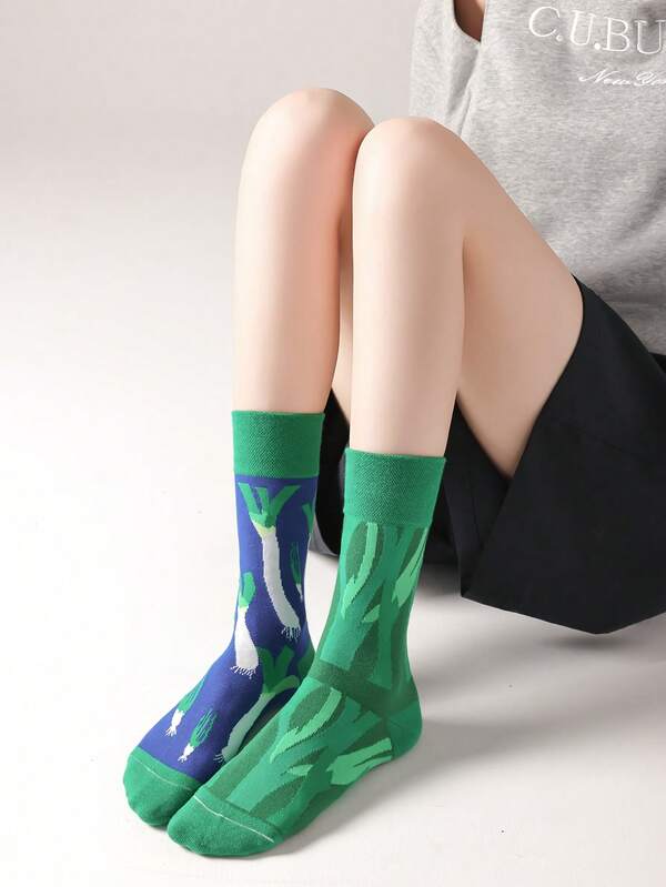 1 par de calcetines de media caña divertidos con cebolleta para mujer, casuales y extravagantes