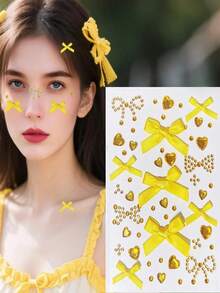 一张约171颗钻石心形蝴蝶结水钻贴纸，闪亮宝石贴纸，可用于脸部、身体、指甲，适合圣诞节、派对、节日、Y2K风格，有黄色、蓝色、红色、粉色、紫色可选。