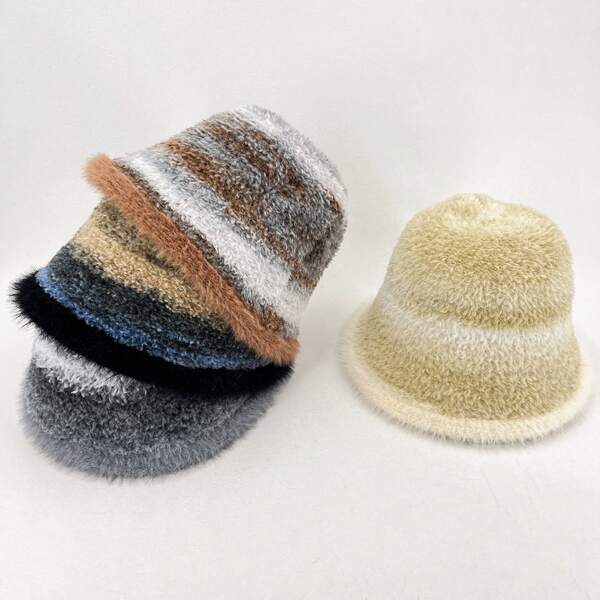 1pc, Striped Gradient Fisherman's Hat, Casual And Styling, Winter Warm Headwear, Autumn Fashion Accessory, Ladies' Soft And Warm Hat.