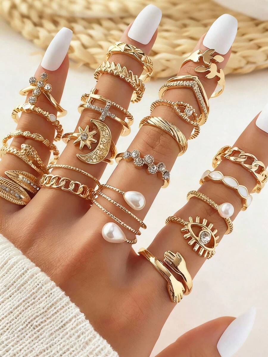 Set 22 Cincin Jari Emas Vintage Boho dengan Simbol Mistis - Ular, Bulan, Bintang, Mata Jahat, dan Totem - Cincin Jari Tengah, Cincin Salib - Paket Hemat, Hadiah Perhiasan untuk Wanita - MultiWarna - View 1