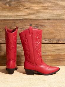 Women's Cowboy Boots Pointed Toe Pull On Cowgirl Boots Wide Calf Chunky Low Heel Embroidery Comfortable Western Boots Outfit For Ladies Spring Summer - 紅色 - 查看 6