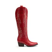 Womens Cowboy Cowgirl Knee High Boots Comfortable Pull-On Chunky Heel Embroidered Western Retro Tall Boots With Side Zipper - Đỏ - Xem 5