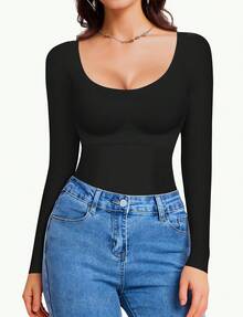 Tummy Control Shapewear Tank - Women's Long Sleeve Scoop Neck Body Shaper, Slimming Compression Top - màu đen - Xem 2