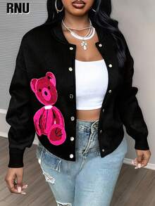 RNU Sudadera casual de felpa para mujer de talla grande, con cuello y puños acanalados, decoración de botones metálicos, parche de oso lindo, diseño de cintura ceñida, nueva colección de otoño/invierno para mujer de talla grande, adecuada para conciertos, versátil para moda, citas nocturnas, vacaciones, prenda de vestir de manga larga versátil
