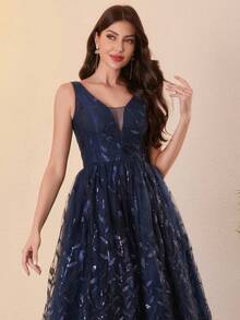 短款亮片蕾丝晚礼服，优雅女士无袖深V领蕾丝舞会礼服，带刺绣露背毕业礼服，A字鸡尾酒礼服 - 藏蓝色 - 查看 6