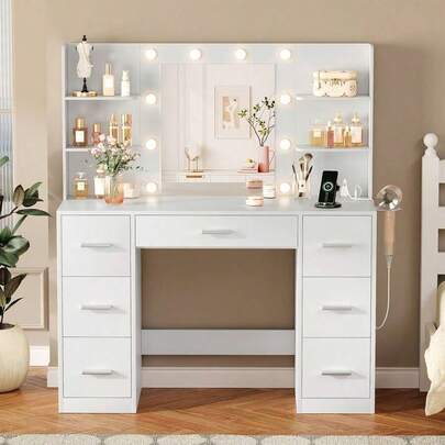 Furniwell 43 Vanity Desk Set With Power Outlet, Makeup Vanity Table With Bulbs Mirror 3 Color & Brightness Adjustable Drawers Storage, Makeup Vanity Desk With Outlets, Large Mirror With Light Bulbs Color & Brightness Adjustable, Drawers Storage With Hairdryer Holder Girls Women