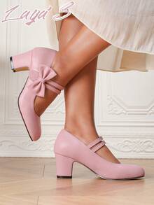 2026 Spring/Summer New Arrival: Elegant, Stylish, And Exquisite High Heels For Women. Pink Classic Mary Jane Shoes. Available In Silver, Pink, And Black. Low-Cut, Chunky Heels With Round Toe And Bow Embellishments. Nylon-Stitched For Easy Wear. Perfect As A Gift For Mothers. Extremely Comfortable. Suitable For Parties, Dances, Business Occasions, Everyday Casual Wear, And Outdoor Activities. Stretch Velvet(Local Warehouse, Delivery As Fast As 3 Days) - 粉色 - 查看 2