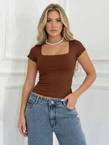 Set Of 3 Women's Baby Look Blouses With Square Neckline, Short Sleeves, Basic Shaping, Versatile, Casual Fashion, No Transparency, Fabric With Elastane, , Blogger Style, Affordable - BLUEBB-pINKBB-cOFFEE - View 2
