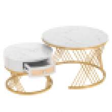 2-In-1 Round MDF Coffee Table, Side Table With Wood Top And Plastic Rattan Drawers, Solid Wood Handles, Gold Iron Legs. 70*70*45.5+50*50*38.5 - White + MDF - View 11