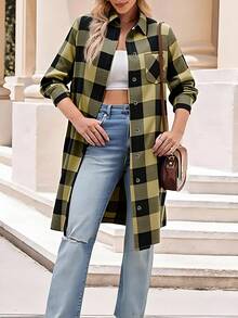 Camisa Blusa Larga Para Mujer,Chaqueta Camisa Estampado A Cuadros, Camisa Blusa Manga Larga, Camisa Blusa Con Bolsillos Delanteros - Verde - Ver 3