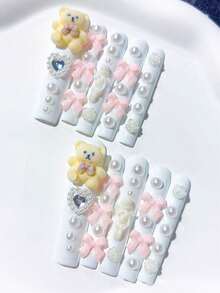 10pcs Y2K Cute Extra Long Coffin Shape White Handmade Nails, With Bear, Pink Bow, White Pearls, White Rose, Little Angel Decoration; Homemade Nails DIY Press On Nails Nail Art Acrylic False Nails; Suitable For Holiday, Parties, Daily Wear; Includes 1Sheet Jelly Glue & 1pc Mini File - White - View 3