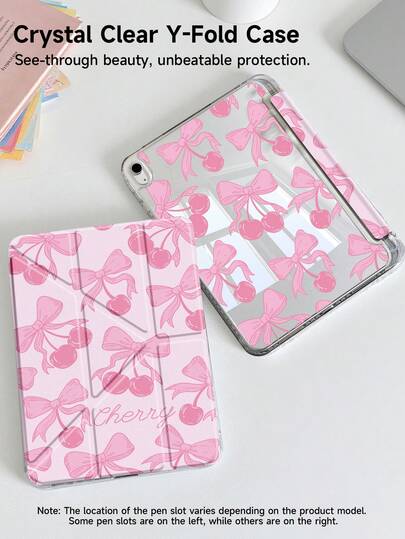 Funda protectora de cristal acrílico con lazo de rosa y cereza de doble cara, compatible con iPad de 10.ª generación, iPad 10.2/iPad Mini 6/iPad Mini 7/9.7", Galaxy Tab A8 8.7", diseño plegable antidoblado 3+Y, compatible con Kindle Paperwhite de 12.ª generación (2024), esquinas reforzadas de silicona, función de activación/suspensión automática, gran regalo para días festivos