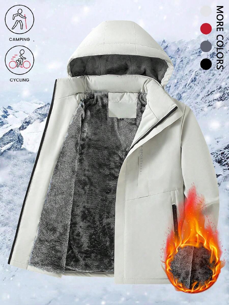 Women's Winter Thermal Lined Windbreaker Jacket - Thermal Lined, Solid Color, Printed, Hooded Design, Multiple Pockets, Suitable For Outdoor Cold Weather, Winter Thermal Lined Windbreaker - White - View 1