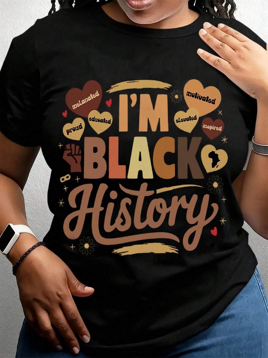 [Home Relaxation] Women's Black History Long Sleeve Crew Neck T-Shirt - I'm Black History Graphic With Heart & Lightning Design, White Polyester Casual Top For Fall & Winter, Everyday Tshirt  Crew Neck Top  Polyester Fabric - màu đen - Xem 1