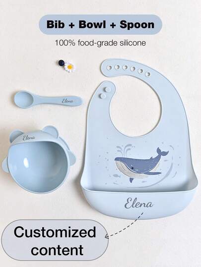 3pcs Baby Silicone Tableware Set, Customized Bib, Bowl, Spoon, Waterproof, Anti-Dirty, Anti-Drop, Whale Pattern, Feeding Supplies, Personalized Gift For Baby Boys And Girls, All Seasons