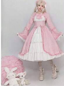 European And American Medieval Retro Gothic Court Dress With Square Collar, Waist Cinched, And Spliced Bow Tie Dress, Lolita Costume - 粉色 - 查看 2