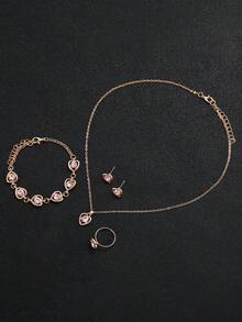 Đồng hồ đeo tay nữ thời trang thanh lịch tối giản mặt nhám máy quartz + Bộ trang sức đính đá hình trái tim (6 món/bộ), không kèm hộp đồng hồ - Hồng - Xem 6
