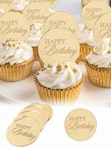 10pcs Gold "Happy Birthday" Acrylic Cupcake Toppers, Round Gold Mirror Acrylic Cupcake Decorations, Suitable For DIY Birthday Party Decoration, Dessert Baking Cake Decoration, Anniversary, Baking, Wedding, Theme Party, Gift Tags, Cupcake Decorations - Gold - View 2