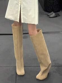 小众设计细跟骑马靴，新款哑光皮革直筒过膝女靴 - 杏色 - 查看 9