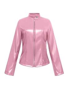 Women's Fashionable Casual Solid Color Long Sleeve Motorcycle Style Zipper PU Leather Jacket, Suitable For Spring, Autumn And Winter - Pink - View 4