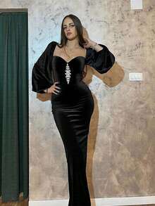 Basrey 黑色V领水钻装饰高腰修身连衣裙，适合正式晚宴、派对、约会、会议、情人节、婚礼、春季派对等场合。 - 黑色 - 查看 4