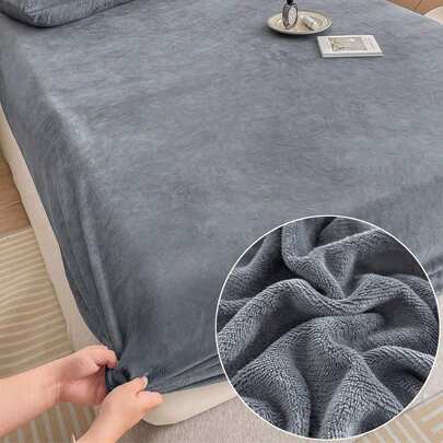 Beige Solid Colored Plush Fitted Sheet Machine Washable Fitted Sheet