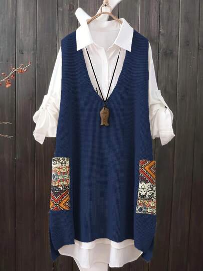 大码休闲V领随机印花口袋针织毛衣连衣裙 春季