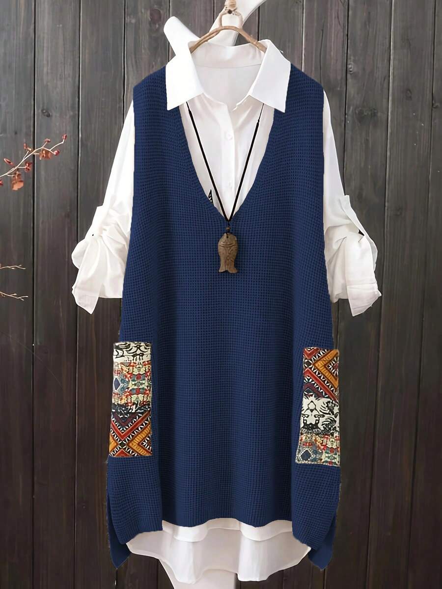 Plus Size Casual V-Neck Random Print Pocket Knit Sweater Dress Spring - Royal Blue - View 1