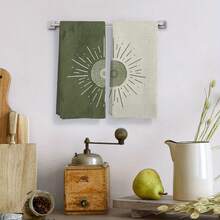 2-Piece Bohemian Green Sun Sunset Sun Moon Kitchen Towels, Microfiber Dish Cloths, 16x24inch - Soft, Highly Absorbent, Bathroom Hand Towels - Perfect For Home Use Or As Gifts, Gift Towels, Home Essentials, Bohemian Olive Green Tea Towels - 白色 - 查看 4