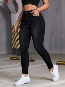 Jeans ajustados de cintura alta con puños y bolsillos desgastados, adecuados para usar en Navidad y otoño - Negro profundo - Ver 3