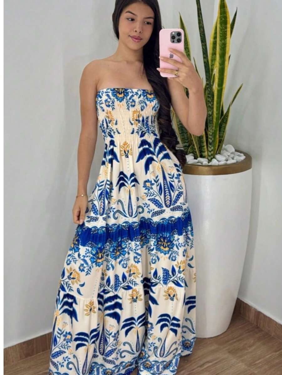 LONG SUMMER DRESS WITH TAMARA PRINT AND BLUE FALLING WITH ELASTEX - BROWN - View 1