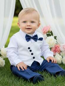 BOARNSEORL 男婴绅士套装三件套 - 白色蝴蝶结衬衫、马甲和裤子，时尚有型，适合生日派对、婚礼、洗礼、周年纪念等场合。