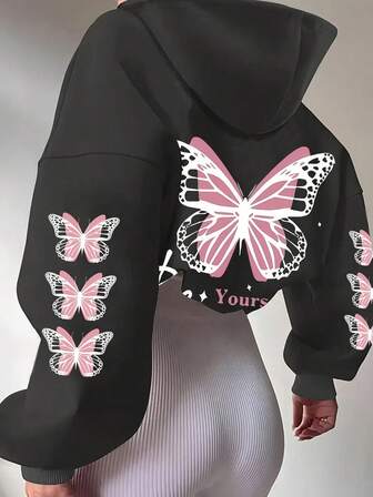 Plusstorlek Dam Dagligt Fjärils- Och Text "Var Själv" Mönster Huva Långärmad Casual Vår/Sommar/Höst Dam Plusstorlek Långärmad Huvtröja Jul Utekvällstoppar Dam, Semesterkläder Dam