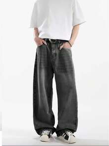 1 件男士个性化阔腿牛仔裤，休闲百搭设计，宽松长裤 - 灰色 - 查看 3