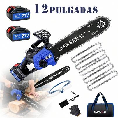 Wanse 1310 W Potencia Motosierra Inalámbrica Portátil Eléctrica 12 Pulgadas Mano Portátil Con 5 Cadenas Y 2 Batería Y 1 Cargador Y Guantes Herramientas Ideal Para Jardinería Y Podar Árboles Pequeños