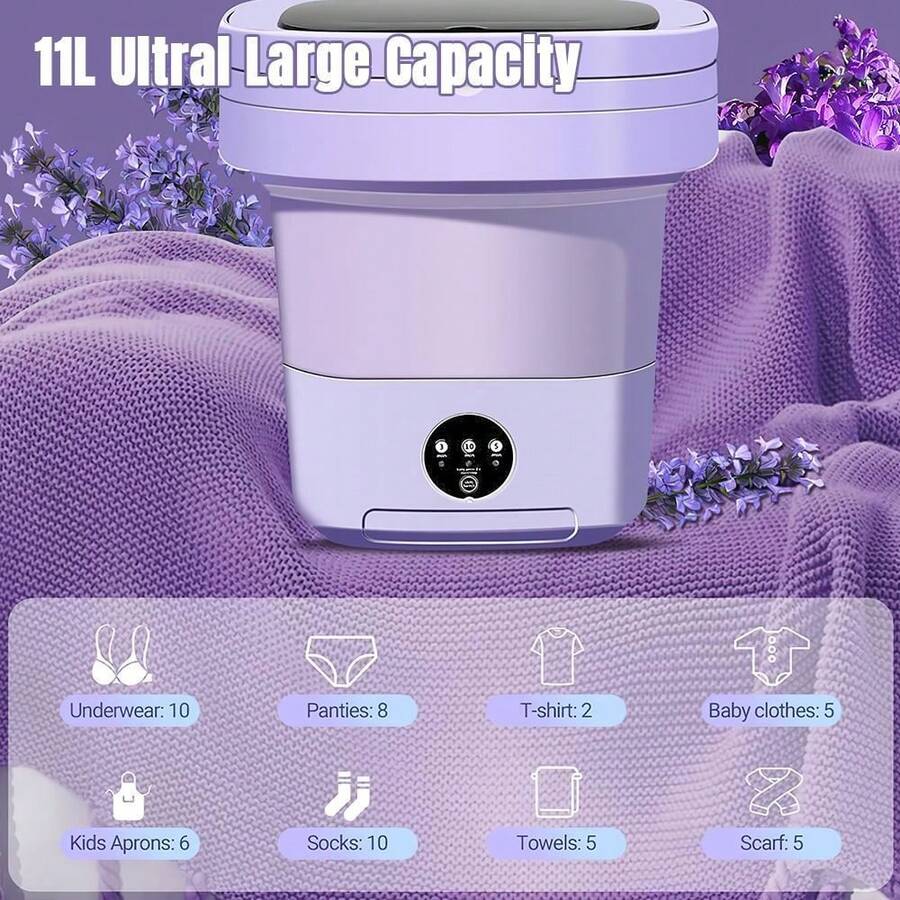 Tragbare Mini 11L Waschmaschine zum Falten, Faltbare Waschmaschine, Waschtrockner,  Tragbare Waschmaschine, Timer, Leiser Betrieb, Effiziente Reinigung, Blaulicht + Abflusskorb + Abflussrohr, Geeignet für Reisen, Wohnungen, Babykleidung, Socken - EU C-Typ Stecker (220-240V) - Übersicht 1