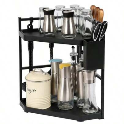 Kitchen Corner Shelf Organizer Corner Spice Rack 2Tier Black Pantry Organiser Strong Metal Frame 2 Levels Of Shelves Plus Hooks And Cutlery Cup For Accessories