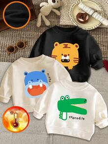 Bộ 3 áo nỉ cổ tròn in họa tiết thường ngày cho bé trai, mùa Thu/Đông - Áo hoodie in hình hổ, hà mã, cá sấu đáng yêu mang đến niềm vui và hạnh phúc cho mọi em bé! - màu đen - Xem 5