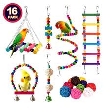 Combination Bird Toys Set Swing Chewing Training Toys Small Parrot Hanging Hammock Parrot Cage Bell Perch Toys With Ladder Toys(Random Accessory Color)