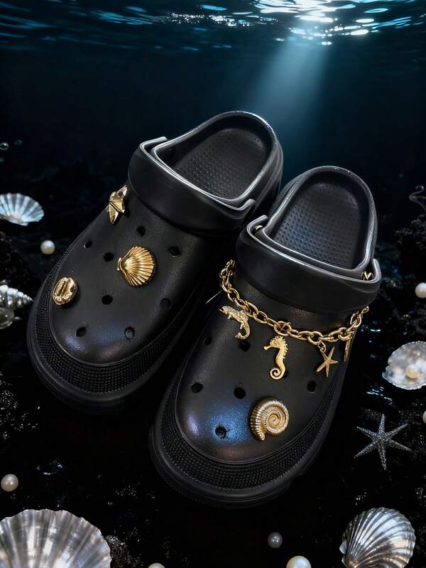 Mermaid Dream Ocean Style Chain Shoe Decor, DIY Slipper/Sandal Floral Metal Pendant Set, Delicate Seahorse & Shell Shoe Buckle