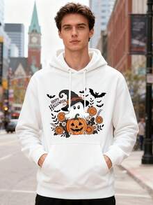 fantasmas con sombreros de mago, linternas de calabaza, rodeados de flores y murciélagos, así como sudaderas con capucha con patrones de texto Feliz Halloween. Adecuado para ropa casual, sudadera navideña, prenda esencial para primavera y otoño. - Blanco - Ver 5
