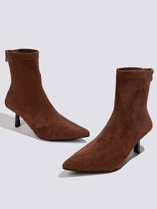 秋冬女士咖啡棕色踝靴，7厘米高跟，弹力修身靴，舒适时尚，尖头高跟鞋，猫跟 - 咖啡棕 - 查看 4