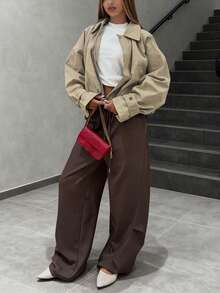 Stylish Loose Solid Color Turndown Collar Short Commuter Jacket For Women - Khaki - View 5