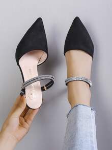 Summer New Rhinestone Pointed Toe Thin Heel Closed Toe Backless Sandals For Women - Black - View 1