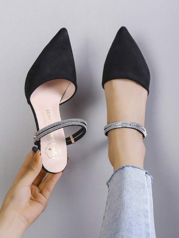 Summer New Rhinestone Pointed Toe Thin Heel Closed Toe Backless Sandals For Women