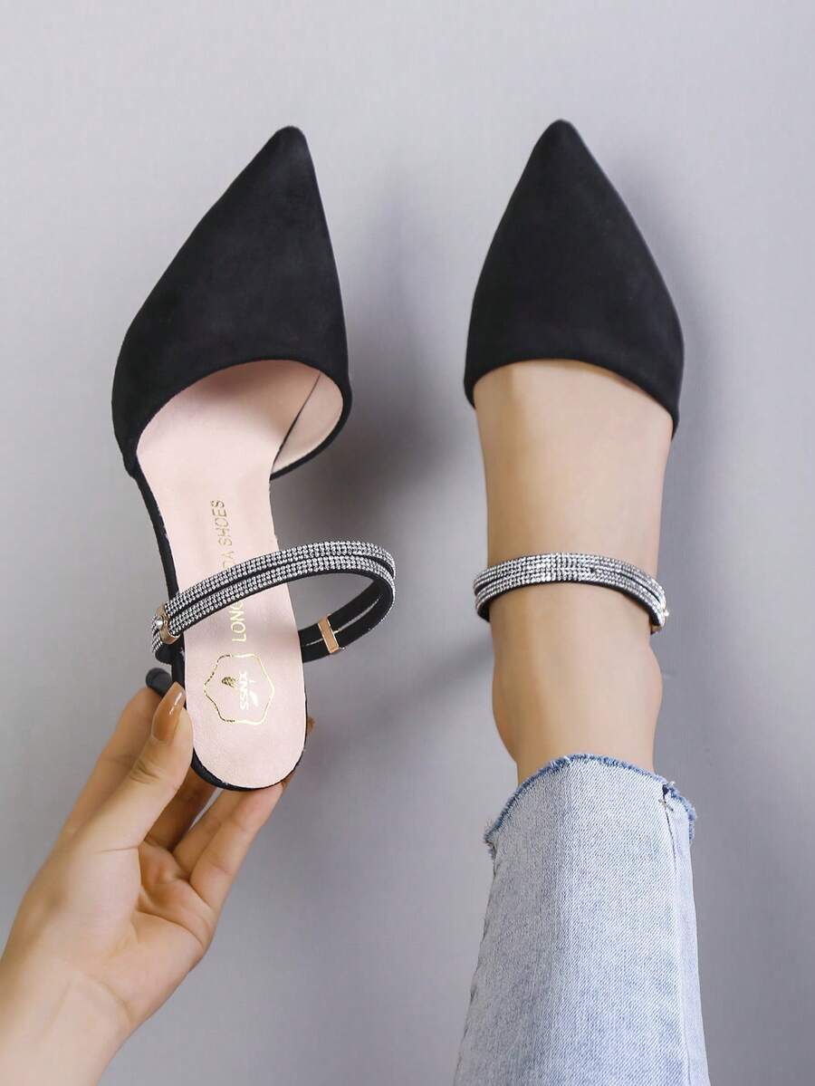 Summer New Rhinestone Pointed Toe Thin Heel Closed Toe Backless Sandals For Women - Black - View 1